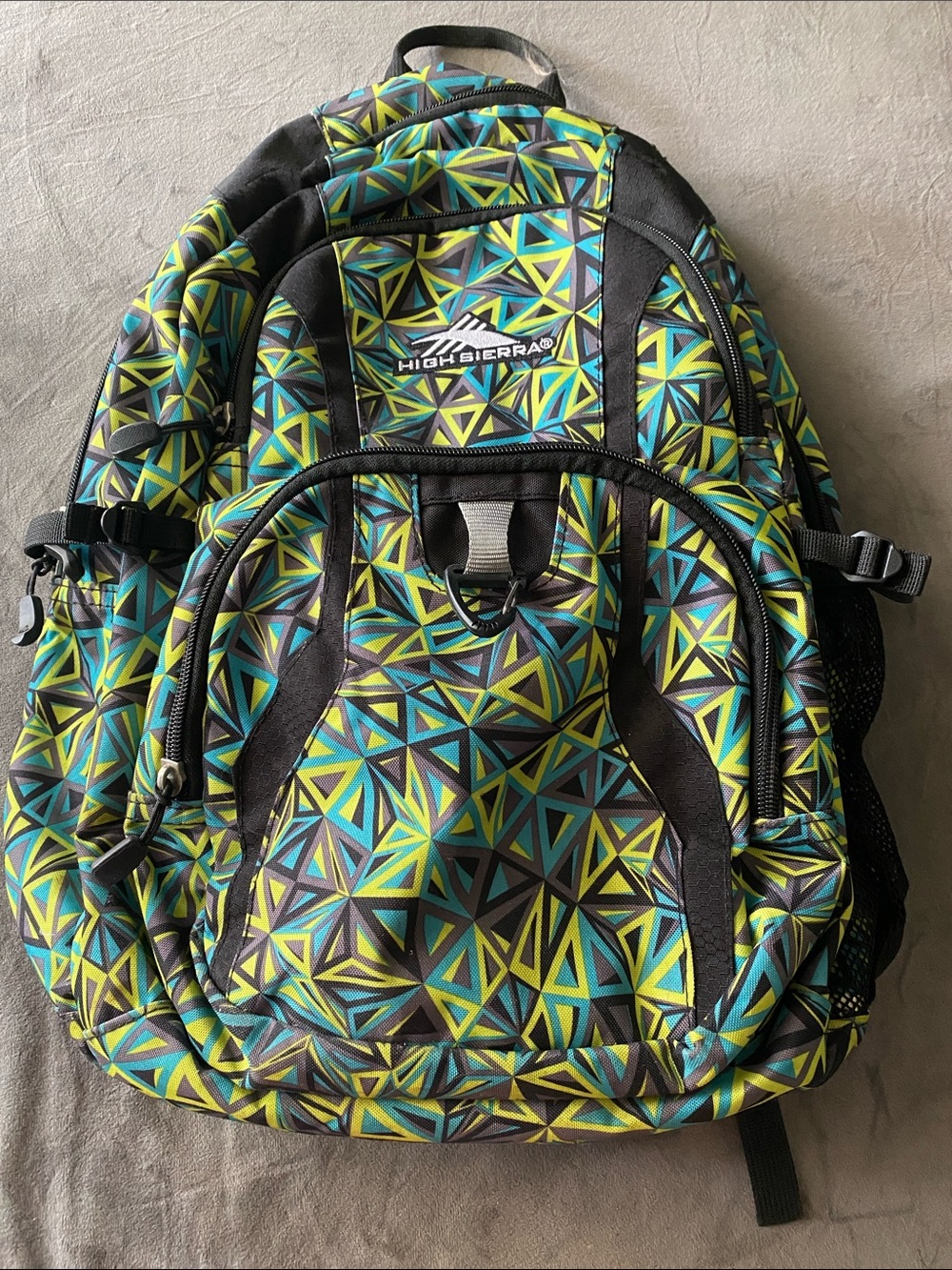 High Sierra Triangular Geo Backpack in Teal, Lime & Black